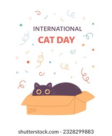 Cute black cat in box. International Cat Day. Vector illustration in flat style