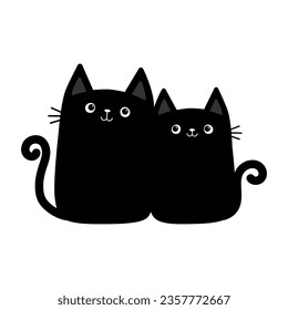 Cute black cat boy and girl couple. Kitten hugging. Cartoon character. Big mustache whisker. Funny character set. Happy family. Love greeting card. Valentines day. Flat design. White background Vector