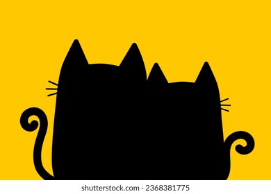 Cute black cat boy and girl couple silhouette print. Kitten hugging. Cartoon character. Funny kitty set. Happy family. Love card. Valentines day. Flat design. Yellow background Vector illustration