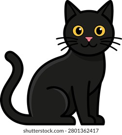 Cute black cat with bright yellow eyes sitting gracefully, showcasing its playful demeanor