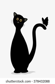 Cute black cat and butterfly on white background