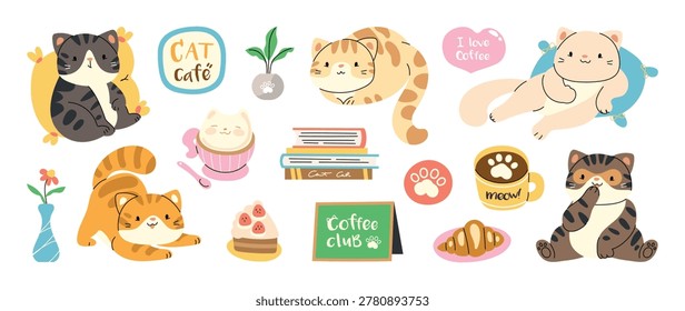Cute black cat cafe dessert flat vector set. Kawaii cats with coffee cup, cake, pastry, beans and colorful cafe elements for sticker, menu, nursery print and packaging design.
