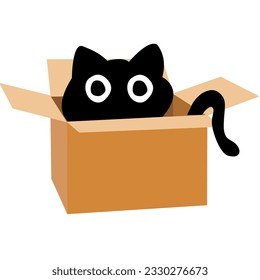 Cute black cat in cardboard box. Cat is looking out of a box. Vector illustration