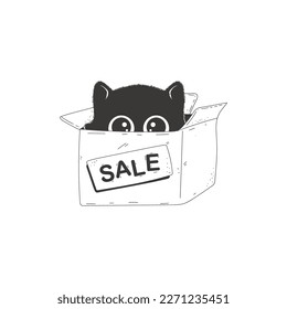 Cute black cat in carton box vector cartoon character isolated on a white background.