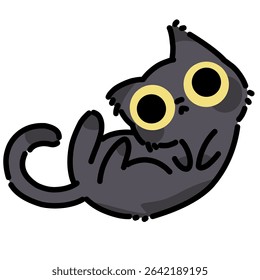 Cute black cat cartoon with big eyes illustration. Simple drawing of a cute black cat 