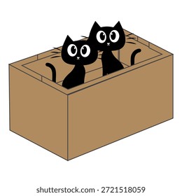 Dibujos animados de gato negro lindo dentro de una ilustración de caja de cartón. Adorable personaje de gato que asoma jugando y descansando en una caja abierta.