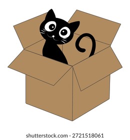 Dibujos animados de gato negro lindo dentro de una ilustración de caja de cartón. Adorable personaje de gato que asoma jugando y descansando en una caja abierta.