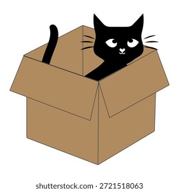 Dibujos animados de gato negro lindo dentro de una ilustración de caja de cartón. Adorable personaje de gato que asoma jugando y descansando en una caja abierta.