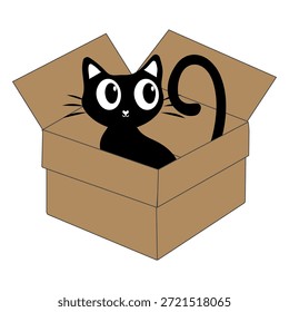 Dibujos animados de gato negro lindo dentro de una ilustración de caja de cartón. Adorable personaje de gato que asoma jugando y descansando en una caja abierta.