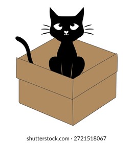 Dibujos animados de gato negro lindo dentro de una ilustración de caja de cartón. Adorable personaje de gato que asoma jugando y descansando en una caja abierta.