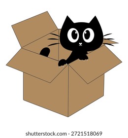 Dibujos animados de gato negro lindo dentro de una ilustración de caja de cartón. Adorable personaje de gato que asoma jugando y descansando en una caja abierta.