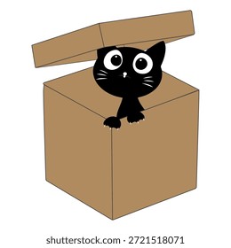 Dibujos animados de gato negro lindo dentro de una ilustración de caja de cartón. Adorable personaje de gato que asoma jugando y descansando en una caja abierta.