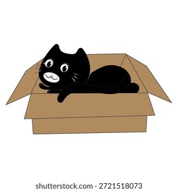 Dibujos animados de gato negro lindo dentro de una ilustración de caja de cartón. Adorable personaje de gato que asoma jugando y descansando en una caja abierta.