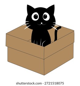 Dibujos animados de gato negro lindo dentro de una ilustración de caja de cartón. Adorable personaje de gato que asoma jugando y descansando en una caja abierta.