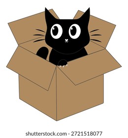 Dibujos animados de gato negro lindo dentro de una ilustración de caja de cartón. Adorable personaje de gato que asoma jugando y descansando en una caja abierta.