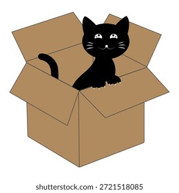 Dibujos animados de gato negro lindo dentro de una ilustración de caja de cartón. Adorable personaje de gato que asoma jugando y descansando en una caja abierta.
