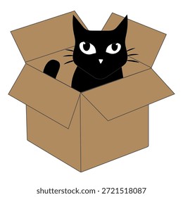 Dibujos animados de gato negro lindo dentro de una ilustración de caja de cartón. Adorable personaje de gato que asoma jugando y descansando en una caja abierta.