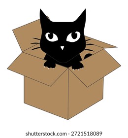 Dibujos animados de gato negro lindo dentro de una ilustración de caja de cartón. Adorable personaje de gato que asoma jugando y descansando en una caja abierta.