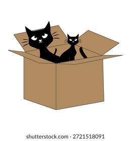 Dibujos animados de gato negro lindo dentro de una ilustración de caja de cartón. Adorable personaje de gato que asoma jugando y descansando en una caja abierta.