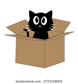 Dibujos animados de gato negro lindo dentro de una ilustración de caja de cartón. Adorable personaje de gato que asoma jugando y descansando en una caja abierta.