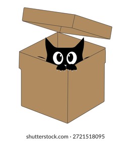 Cute black cat cartoon inside a cardboard box illustration. Adorable cat character peeking playing and resting in an open box.