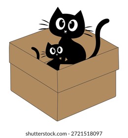 Dibujos animados de gato negro lindo dentro de una ilustración de caja de cartón. Adorable personaje de gato que asoma jugando y descansando en una caja abierta.