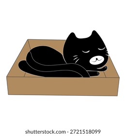 Dibujos animados de gato negro lindo dentro de una ilustración de caja de cartón. Adorable personaje de gato que asoma jugando y descansando en una caja abierta.
