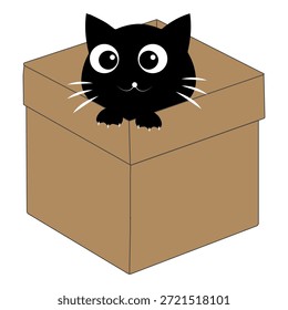 Dibujos animados de gato negro lindo dentro de una ilustración de caja de cartón. Adorable personaje de gato que asoma jugando y descansando en una caja abierta.