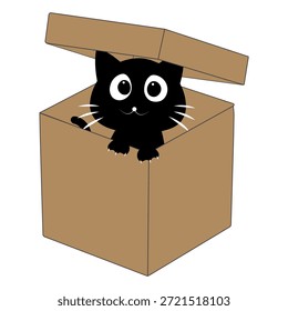 Dibujos animados de gato negro lindo dentro de una ilustración de caja de cartón. Adorable personaje de gato que asoma jugando y descansando en una caja abierta.