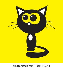 Cute black cat cartoon isolated icon on yellow background. Vector illustration.