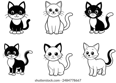 cute black cat cartoon line art and silhouette vector illustration bundle set.