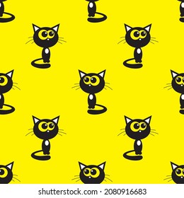 Cute black cat cartoon seamless pattern. Vector illustration.
