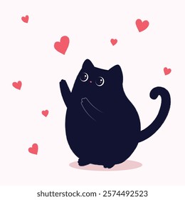 Cute black cat in cartoon style catches valentines