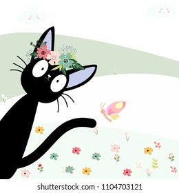Cute black cat cartoon in the summer yard and her flower crown,illustration vector by freehand doodle comic art