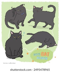 Cute black cat cartoon vector set. Isolated pet element illustration with funny poses and good luck.
