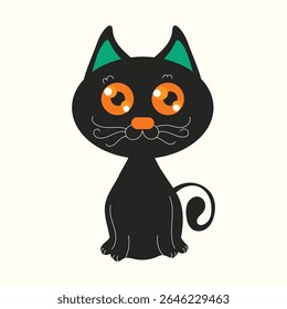 Cute black cat cartoon vector with big orange eyes and simple flat design. Ideal for Halloween decorations, greeting cards, printables, and seasonal digital content. Fun and festive holiday graphic.