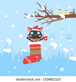 cute black cat cartoon vector.Merry Christmas card.