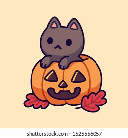 Cute black cat in carved pumpkin. Adorable kitten drawing, funny Halloween vector illustration.