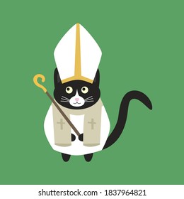 Cute black cat Catholic in a white cassock and a white hat with a rod in his paws. Doodle flat illustration vector.