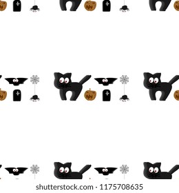 Cute black cat, cemetery, pumpkin, and bat seamless pattern background for halloween greeting illustration for kids.