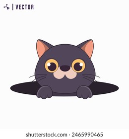 Cute black cat character coming up from hole in blue isolated background. vector illustration