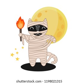 Cute black cat character dressed in a mummy costume. Great for Halloween decoration. Vector illustration isolated on white background.