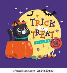 Cute black cat character enjoying Halloween night, trick or treating with candy and sweets, Happy Halloween Day, Vector, Illustration