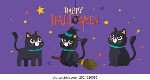 Cute black cat character enjoying Halloween night, trick or treating with candy and sweets, Happy Halloween Day, Vector, Illustration