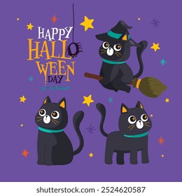 Cute black cat character enjoying Halloween night, trick or treating with candy and sweets, Happy Halloween Day, Vector, Illustration