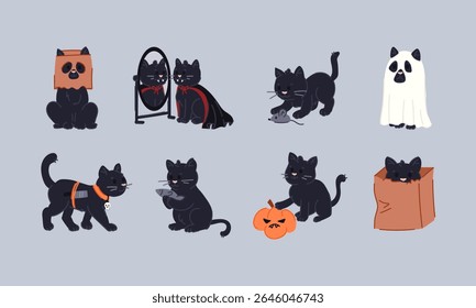 Cute Black Cat character in Halloween Costumes and Poses in flat style