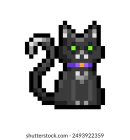 Cute black cat character icon isolated on transparent background. Black kitty with a collar sitting. Halloween celebration. Vector pixel art illustration in 16-bit old style.