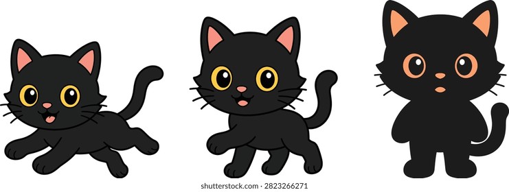 Cute Black Cat Character Set with Walking, Running and Standing Poses