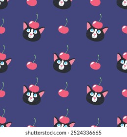 CUTE BLACK CAT WITH A CHERRY ON HIS HEAD SEAMLESS PATTERN