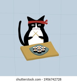 Cute black cat with chopsticks and plate of sushi. Kawaii cat. Traditional japanese illustration.